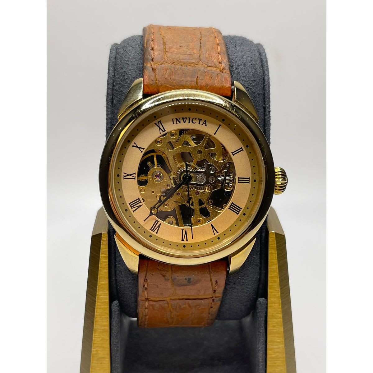 Invicta Specialty Yellow Gold Dial Brown Leather Strap Mechanical Men's Watch 17186