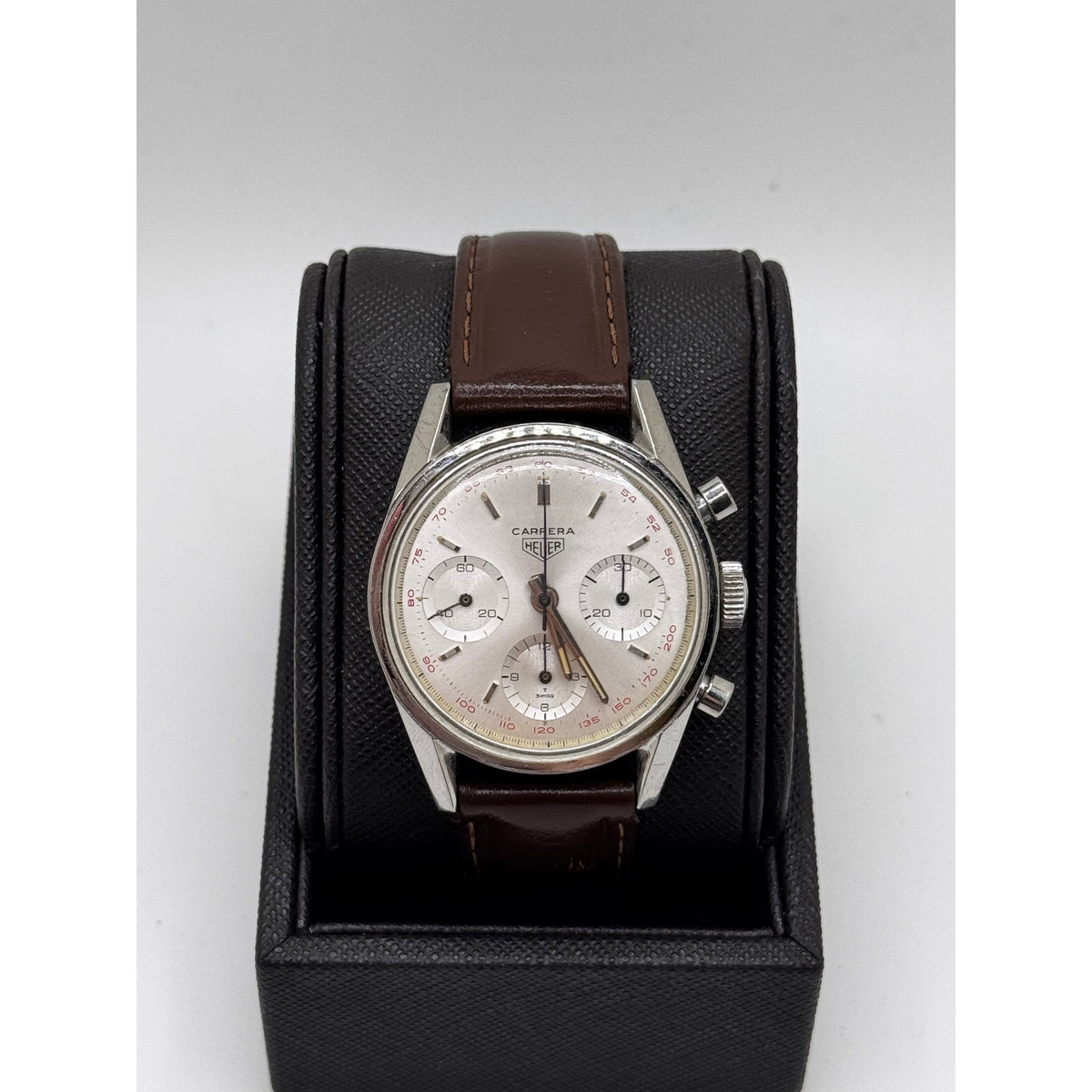 Heuer Men’s Carrera Silver Dial Brown Leather & Stainless Steel Strap Vintage Watch 2447T