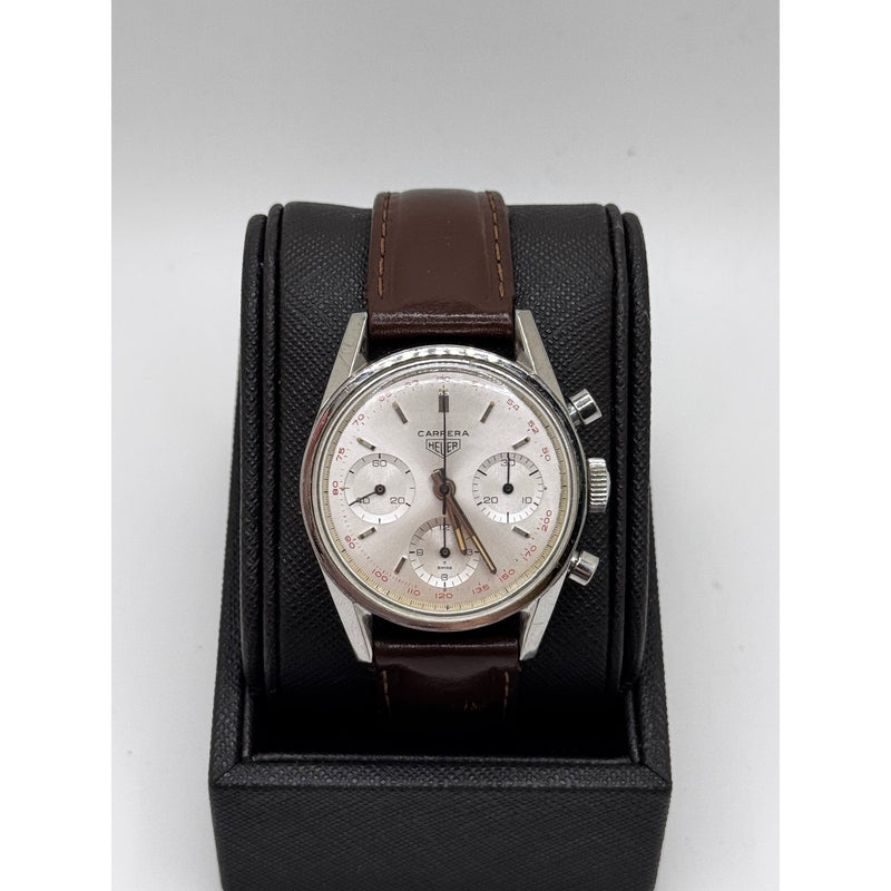 Heuer Men’s Carrera Silver Dial Brown Leather & Stainless Steel Strap Vintage Watch 2447T