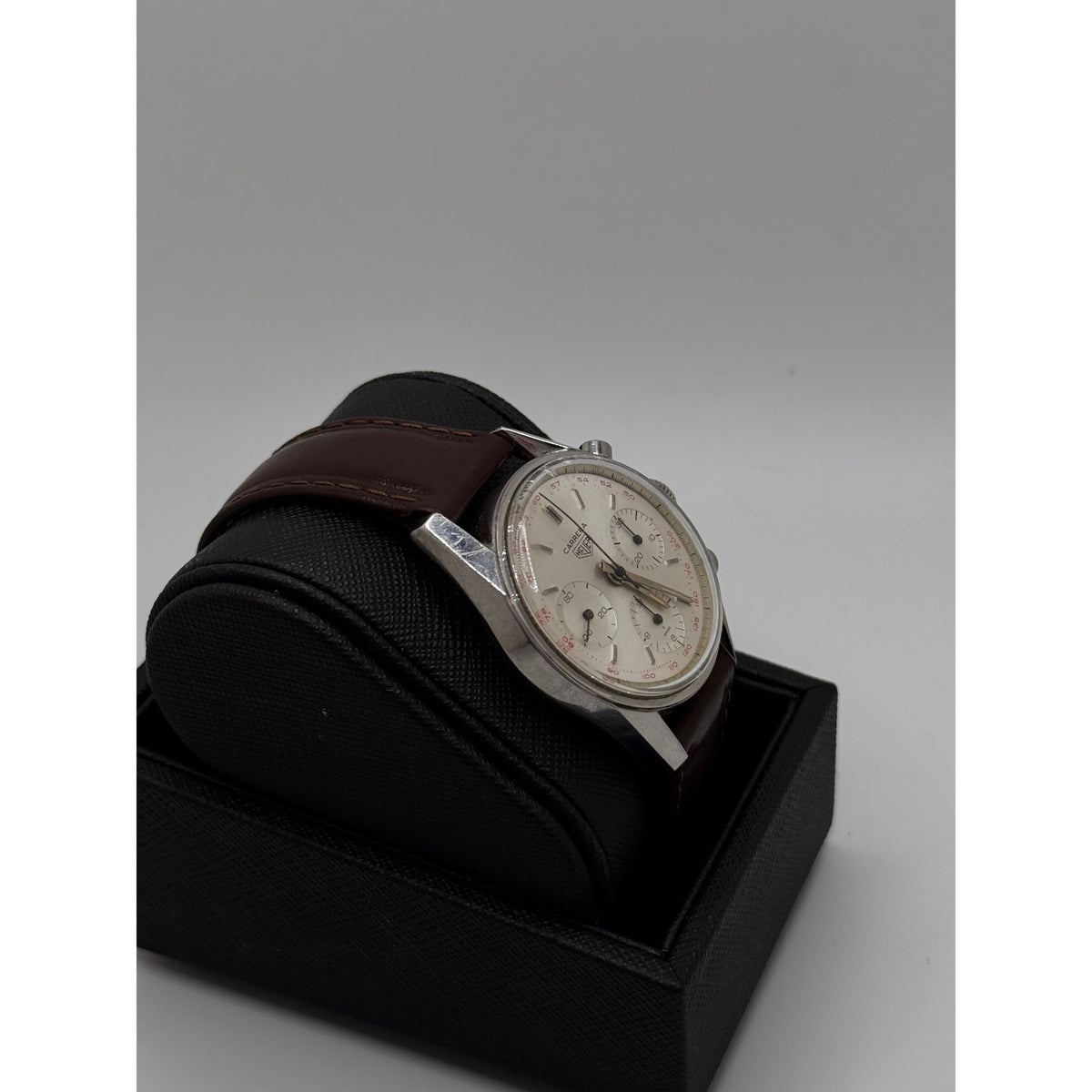 Heuer Men’s Carrera Silver Dial Brown Leather & Stainless Steel Strap Vintage Watch 2447T