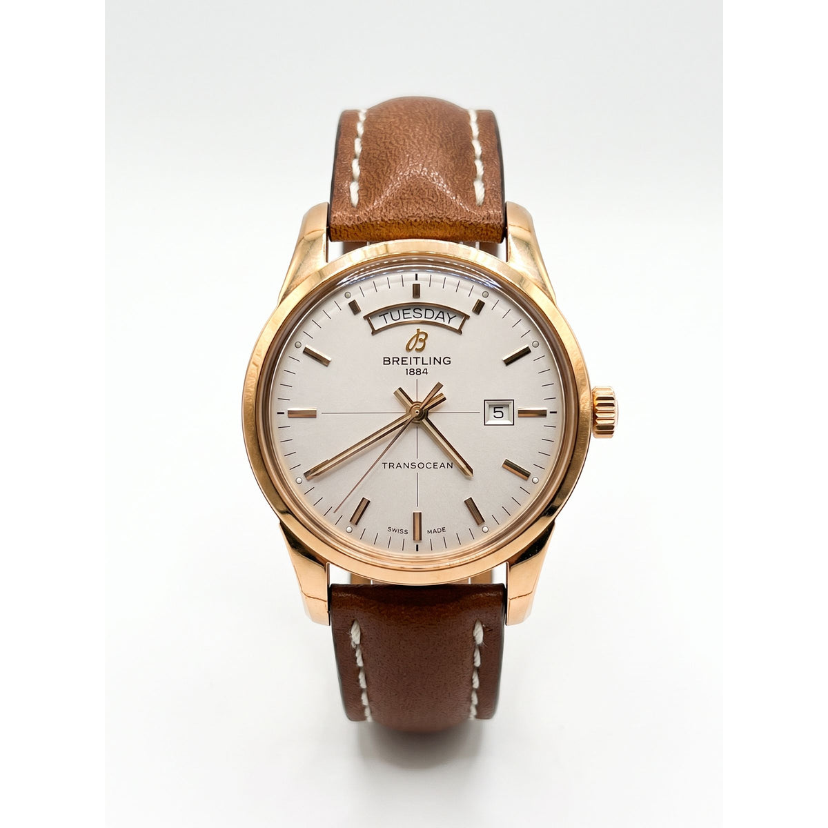 Breitling Transocean Day & Date 43mm 18K Gold Brown Leather Watch R4531012 / R45310121G1P1