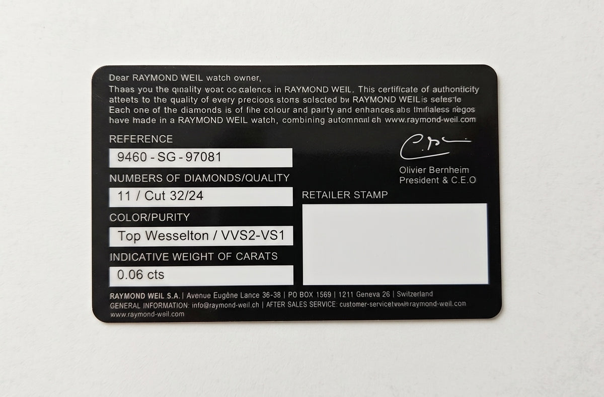 Raymond Weil Warrant Card Ref 9460-SG-97081