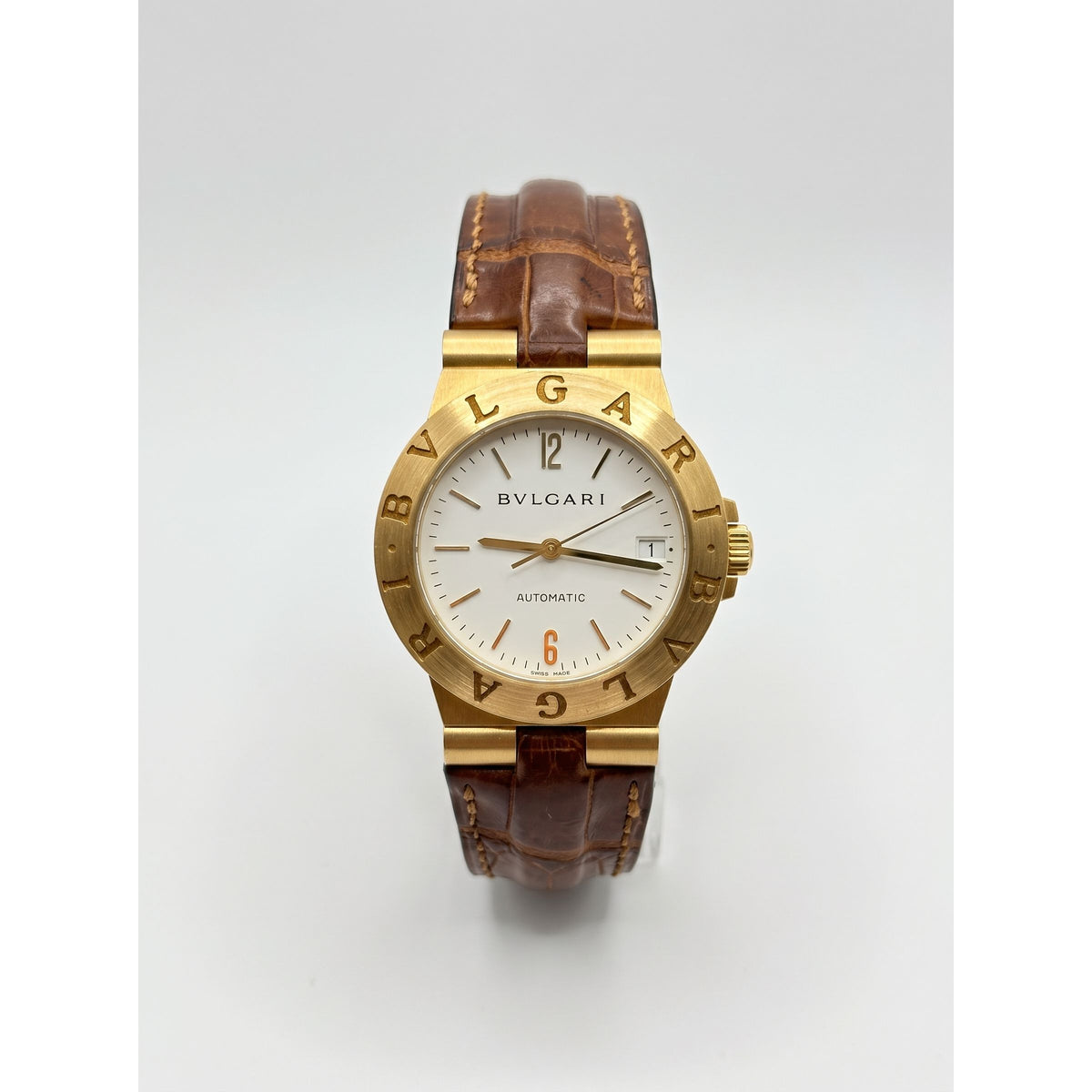 Bvlgari Diagono 18K 35mm Automatic Brown Leather Watch LCV35G