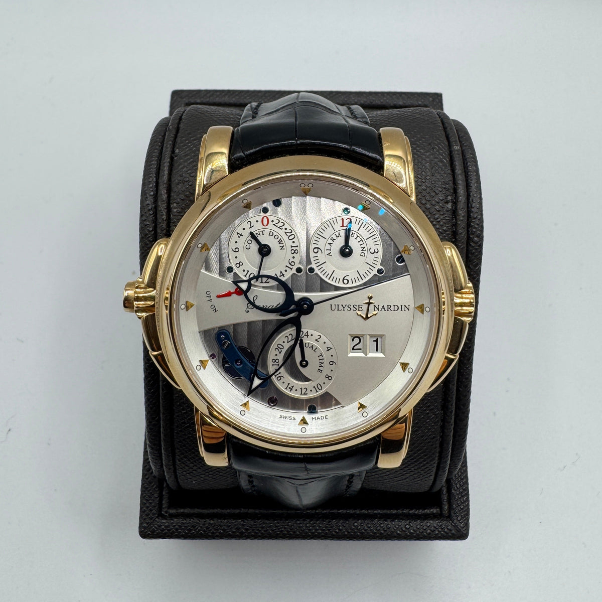 Ulysse Nardin Sonata Dual Time Alarm 42mm Black Leather Men's Watch 666-88