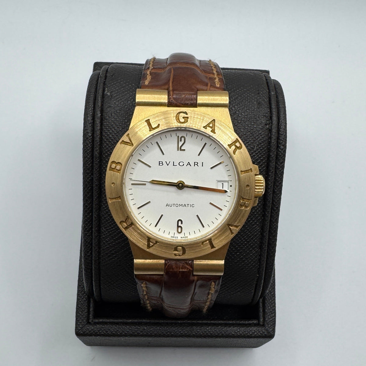 Bvlgari Diagono 18K 35mm Automatic Brown Leather Watch LCV35G