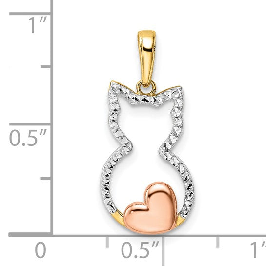 QGM3000 14k and White and Rose Rhodium Diamond-cut Cat with Heart Pendant
