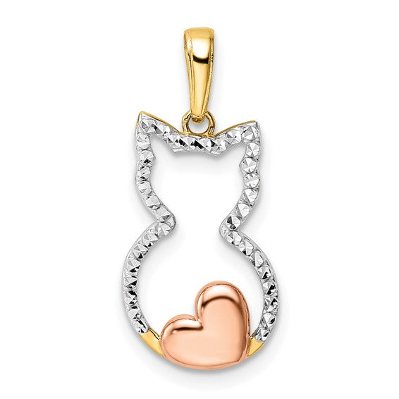 QGM3000 14k and White and Rose Rhodium Diamond-cut Cat with Heart Pendant