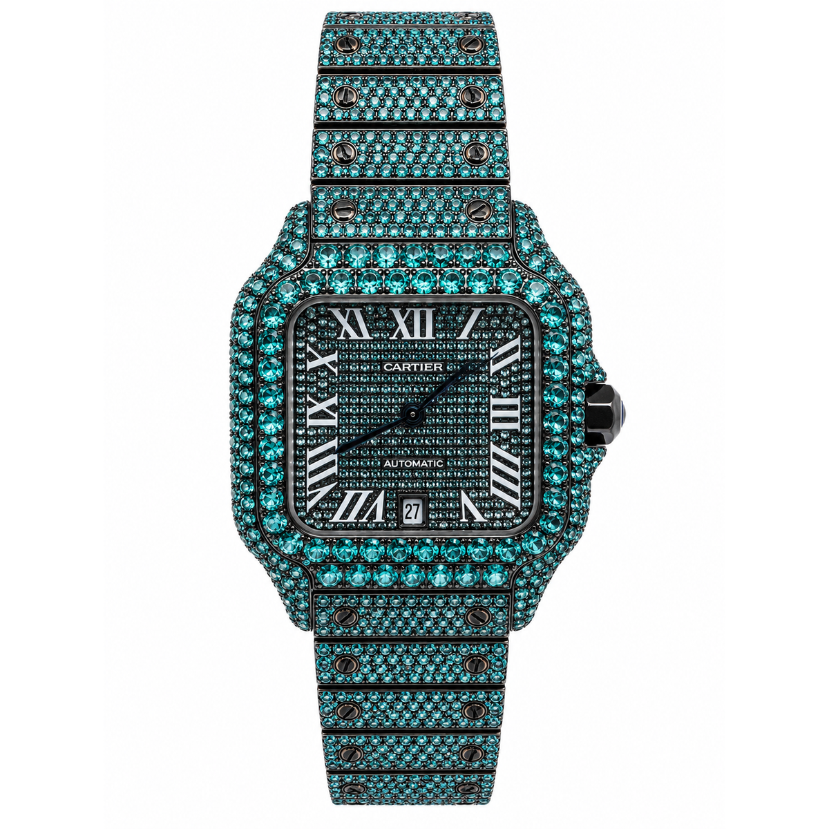Cartier Santos De Cartier Iced Out Blue Automatic Stainless Steel Watch WSSA0018