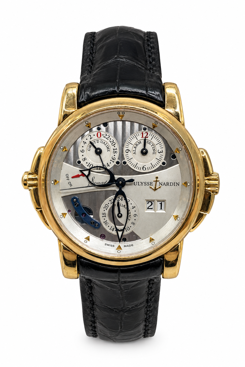 Ulysse Nardin Sonata Dual Time Alarm 42mm Black Leather Men's Watch 666-88