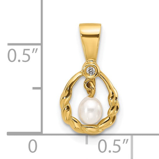 QGXF826 14K 3-4mm Teardrop White FWC Pearl and .01ct Diamond Pendant