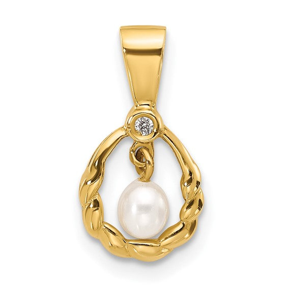 QGXF826 14K 3-4mm Teardrop White FWC Pearl and .01ct Diamond Pendant