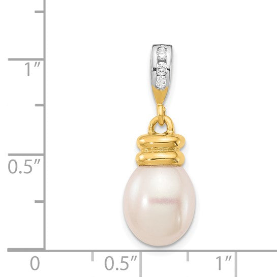 QGXP5294 14K 9-10mm White Rice Freshwater Cultured Pearl .06tw Diamond Pendant