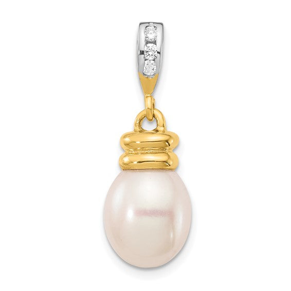 QGXP5294 14K 9-10mm White Rice Freshwater Cultured Pearl .06tw Diamond Pendant
