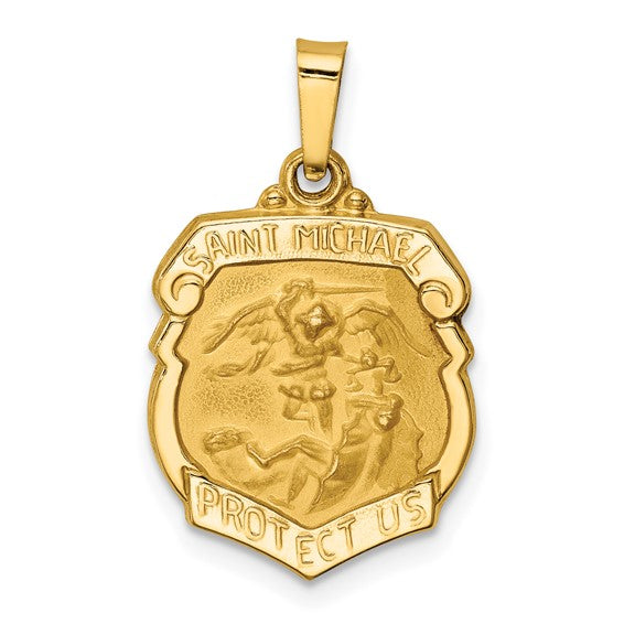 14k Polished and Satin Hollow Small St. Michael Medal Badge Pendant QGXR1314