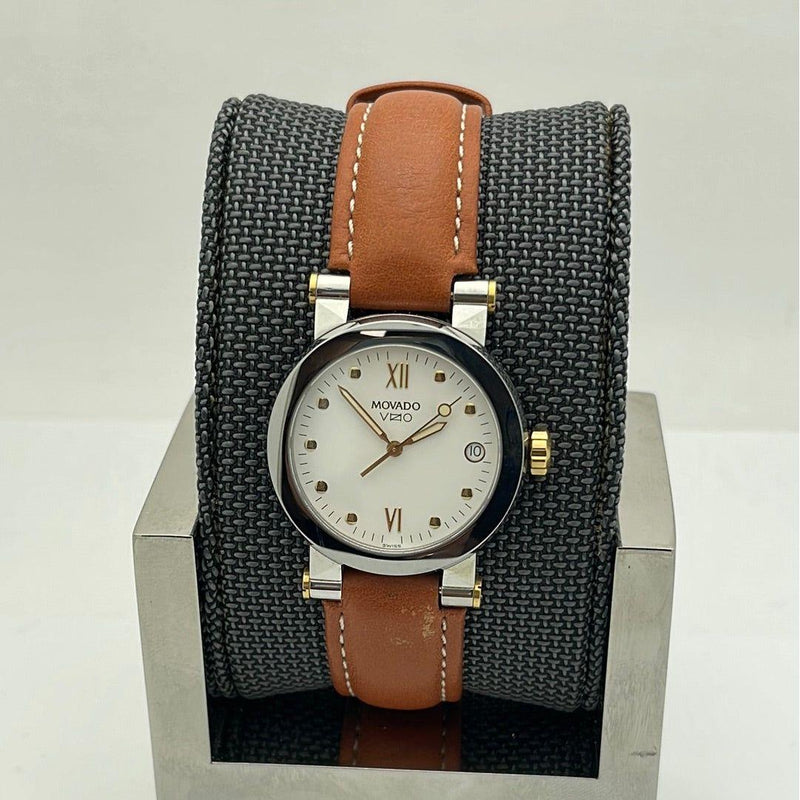 Movado Vizio Ladies White Dial Light Brown Leather Band Watch 1603924