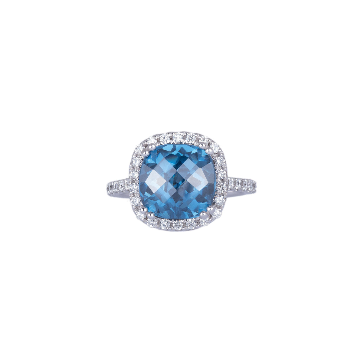 14K White Gold Ladies Cushion Blue Topaz & Diamond Ring WRBT0016