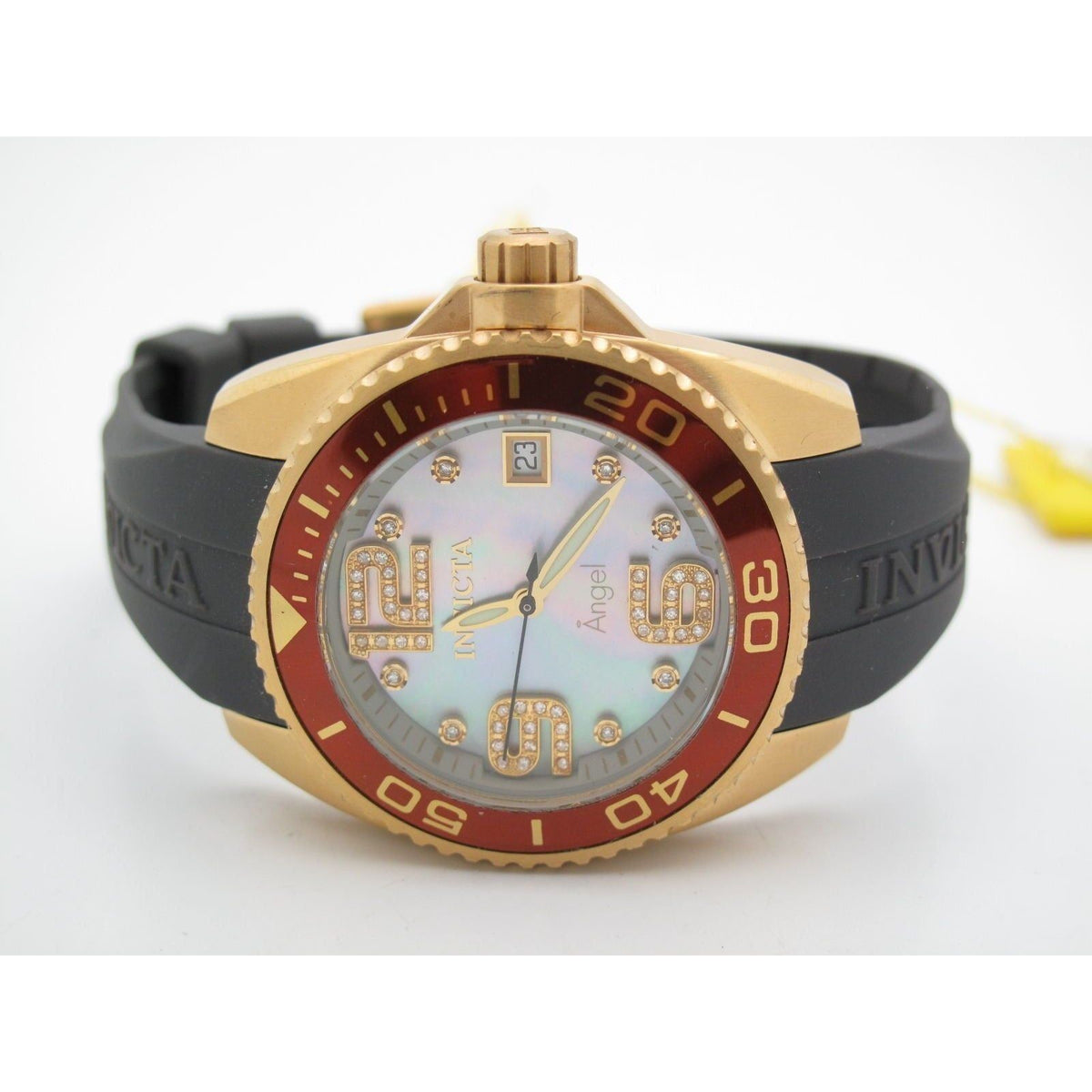 Invicta Angel Ladies Gold Mother Of Pearl w. Diamond Dial Rubber Band Watch 0498