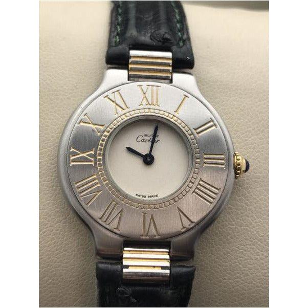 Cartier Must de Vintage Roman Bezel Two Tone Quartz Leather Strap Watch 901142688