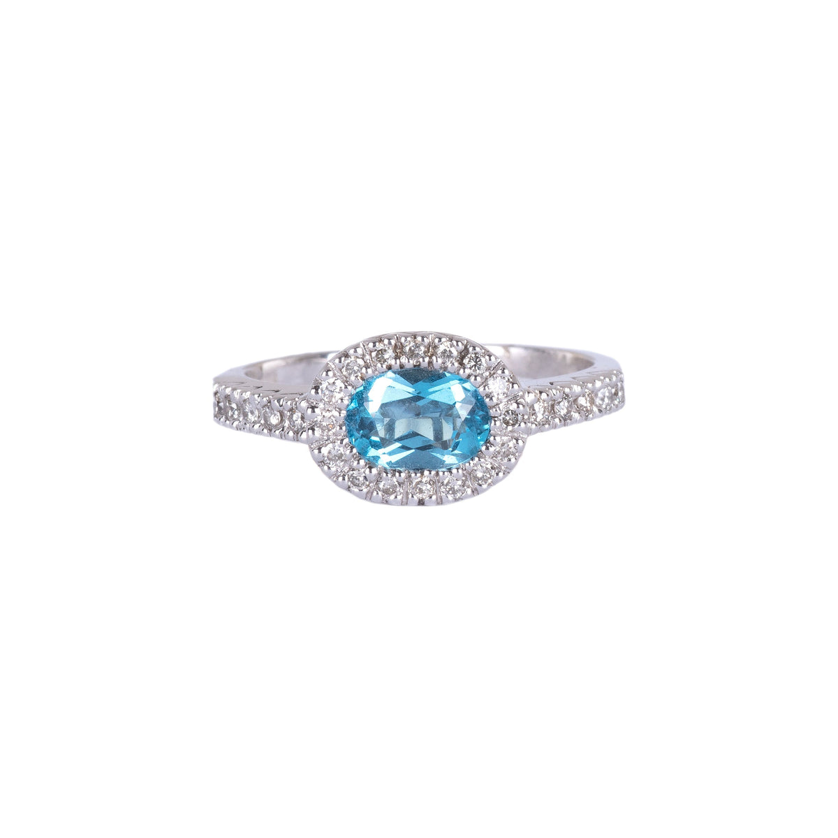 14k White Gold Ladies Oval Blue Topaz & Diamond Ring R0102EAN