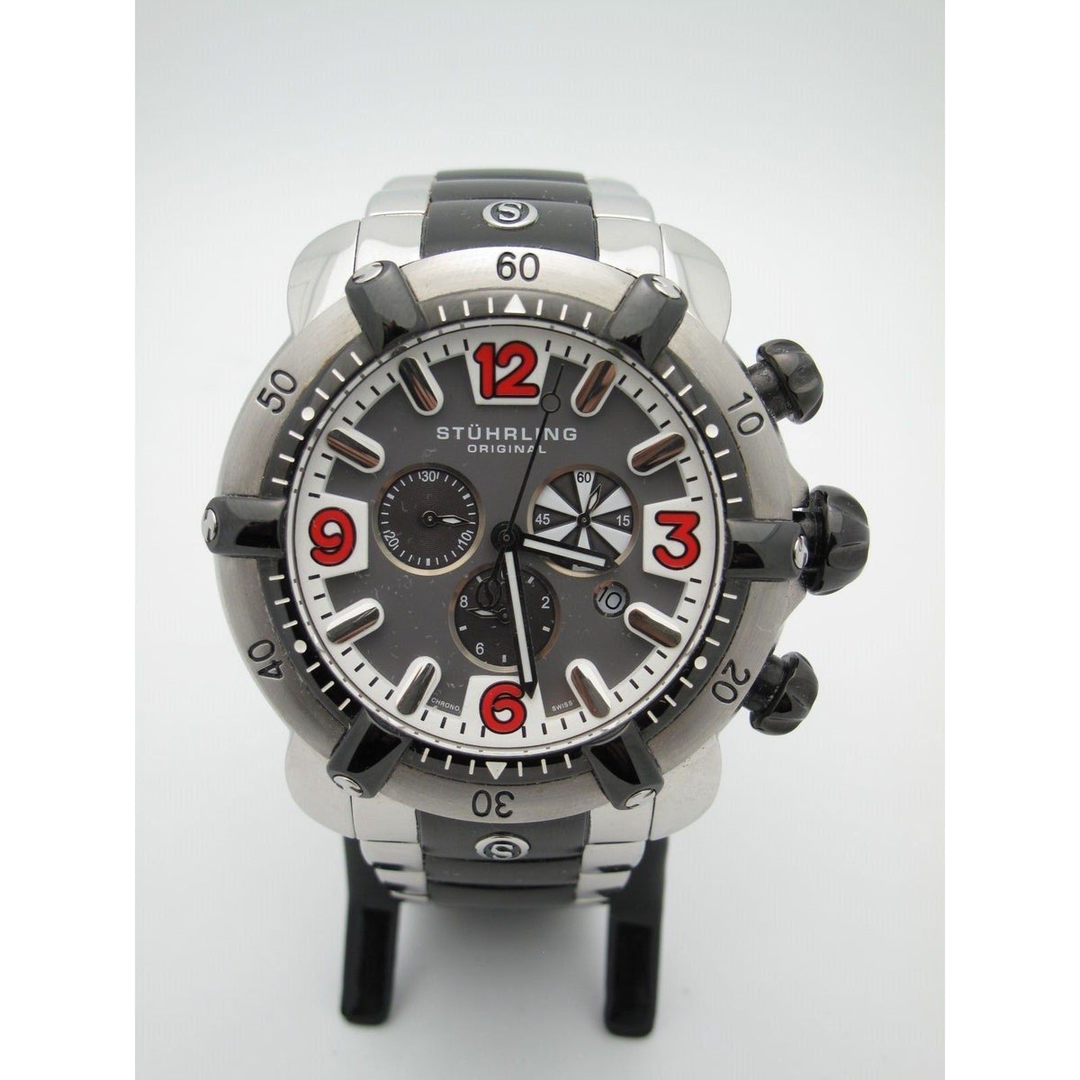 Stuhrling Original Men's Krysterna Black & Stainless Steel Gray Chronograph Dial Watch