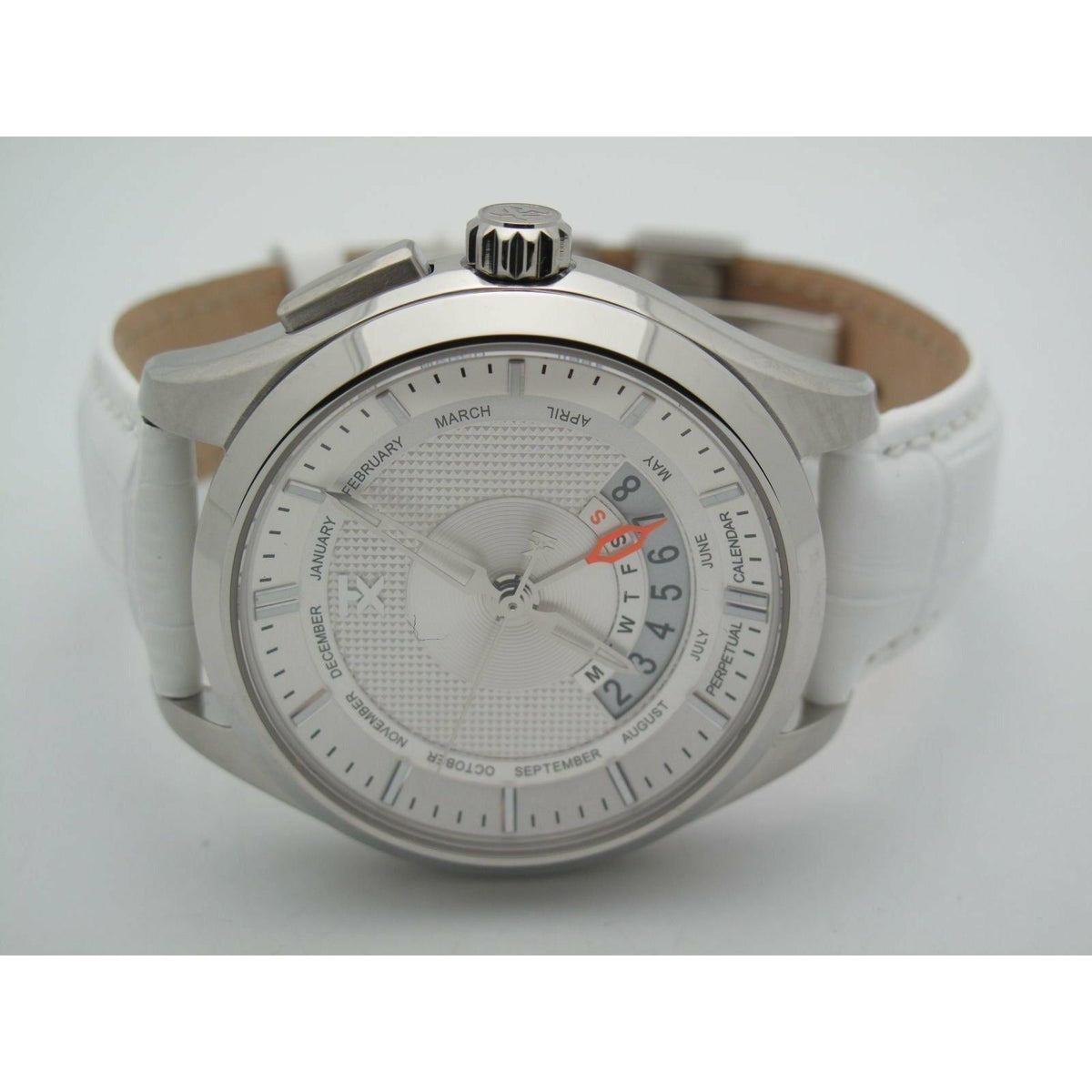 Timex TX Men's Perpetual Calendar Stainless Steel Silver Dial White Band Watch T3C503