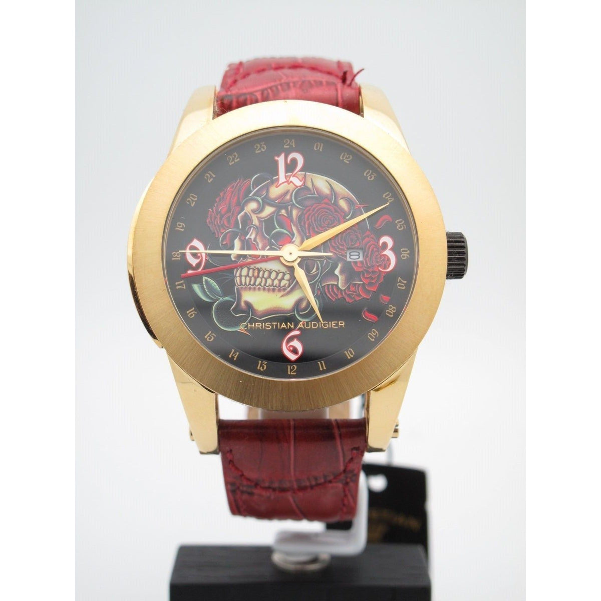 Christian Audigier Men's Gold Case Skull & Roses Dial Burgundy Band Watch ETE-106