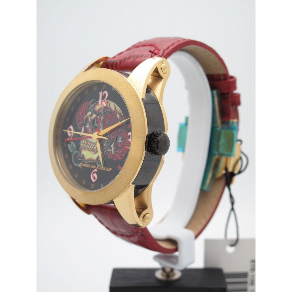 Christian Audigier Men's Gold Case Skull & Roses Dial Burgundy Band Watch ETE-106