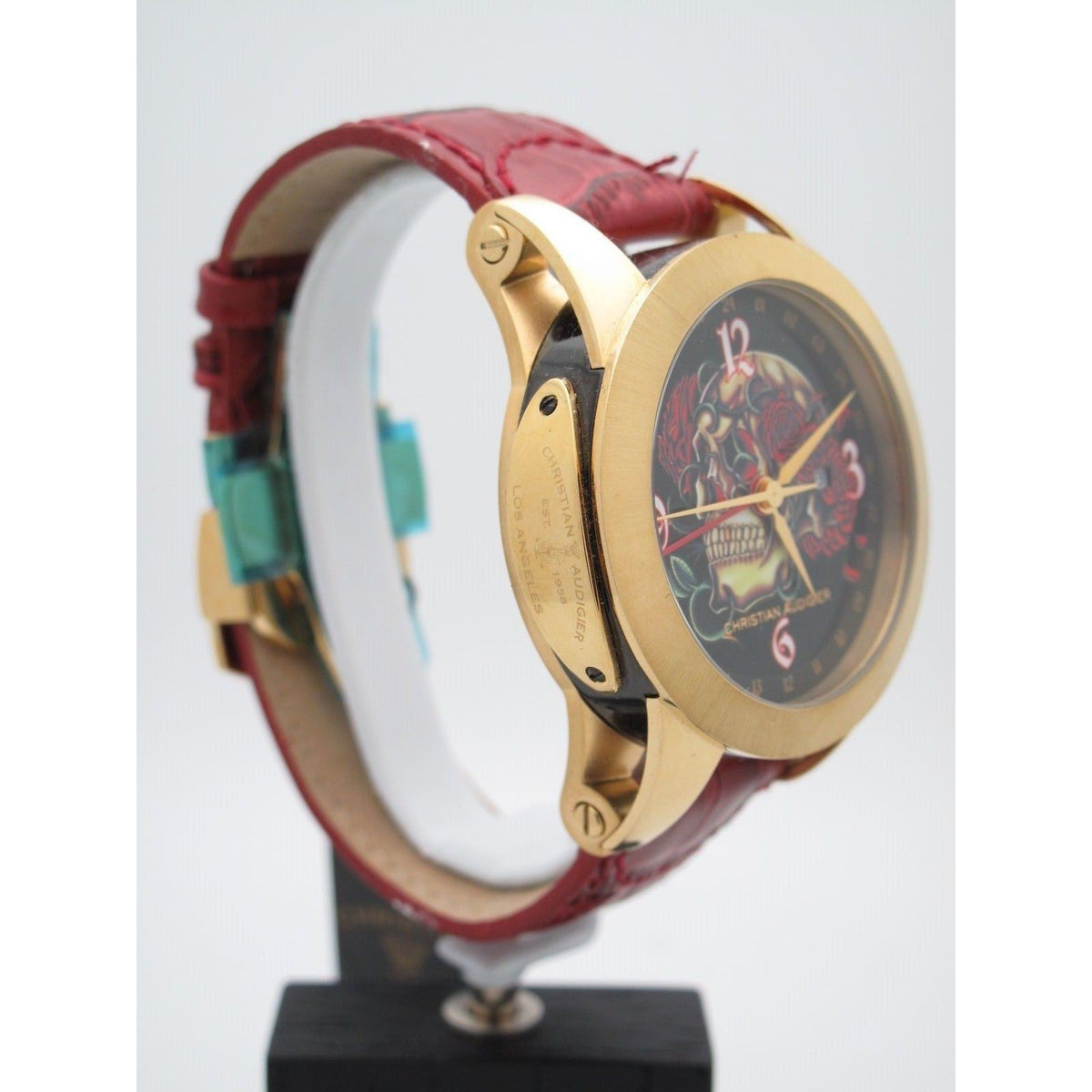 Christian Audigier Men's Gold Case Skull & Roses Dial Burgundy Band Watch ETE-106
