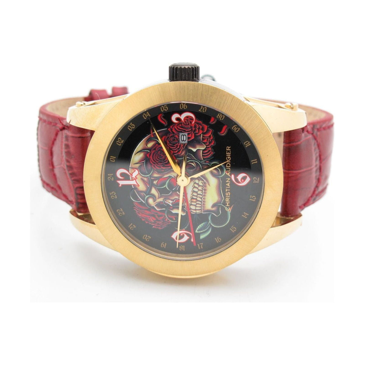Christian Audigier Men's Gold Case Skull & Roses Dial Burgundy Band Watch ETE-106
