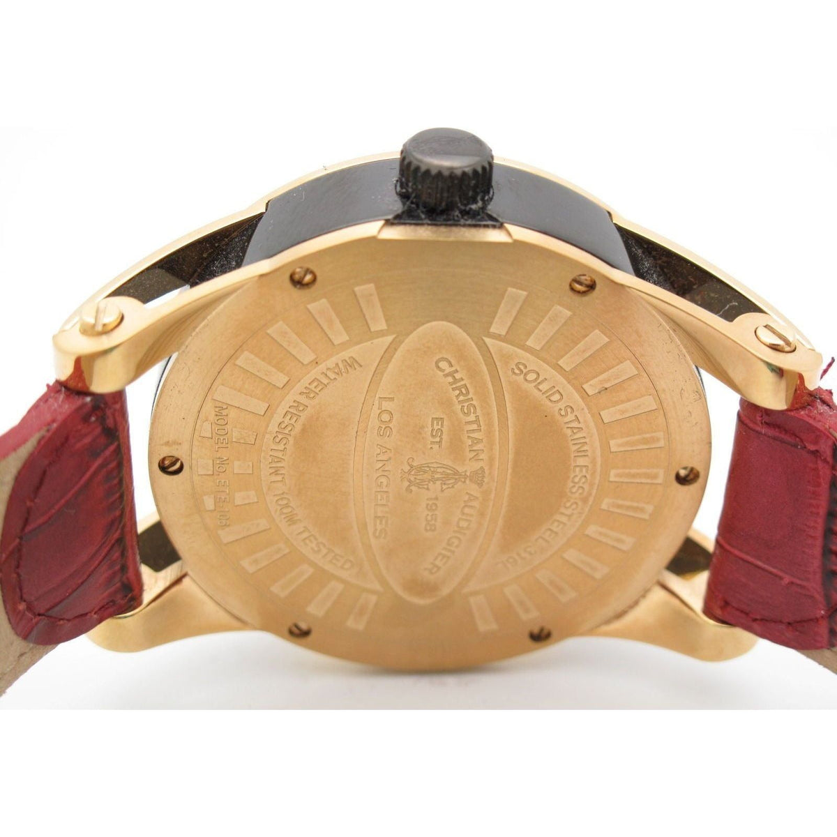 Christian Audigier Men's Gold Case Skull & Roses Dial Burgundy Band Watch ETE-106