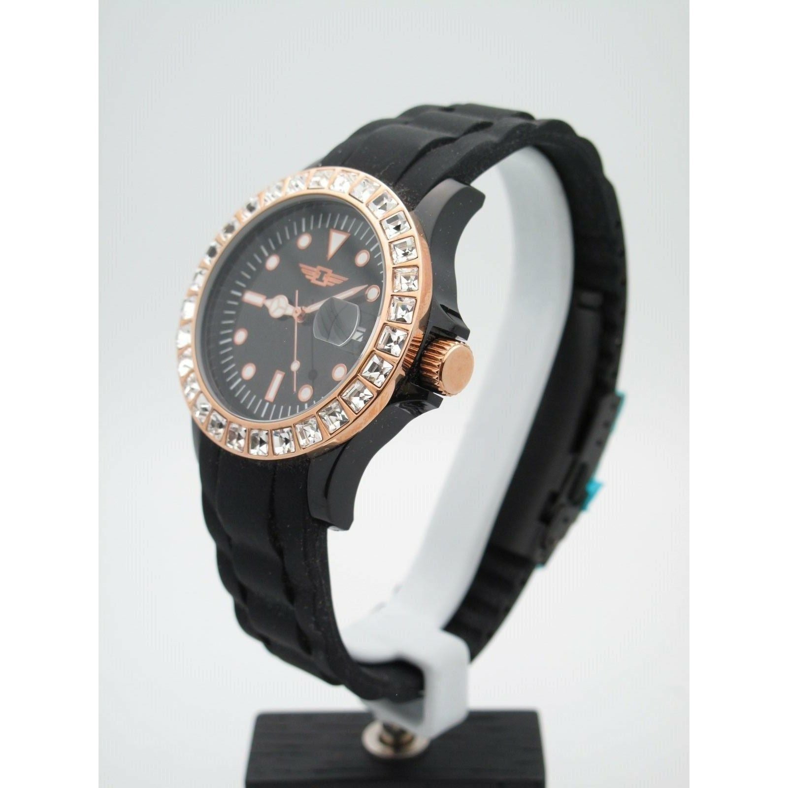 Invicta Ladies Rose Gold Crystal Bezel Black Dial Band Watch