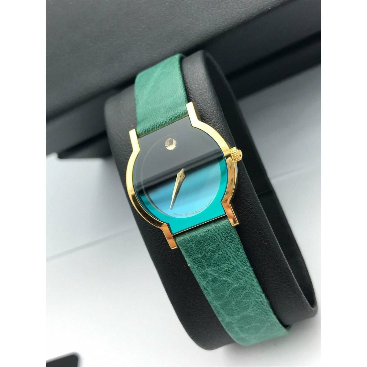 Movado Limited Edition Ladies Gold Tone Museum Sapphire Green Dial Leather Strap Watch 0603191