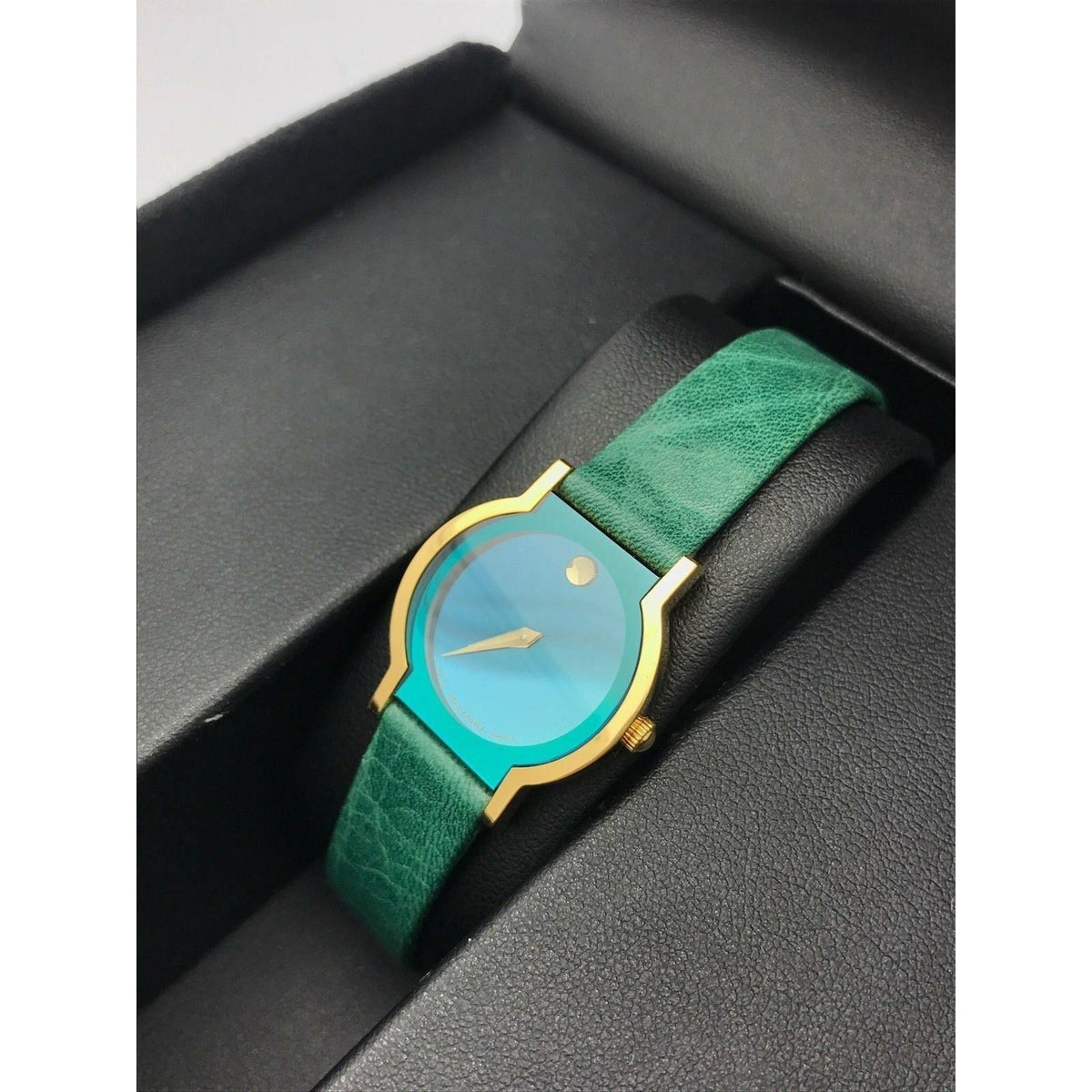 Movado Limited Edition Ladies Gold Tone Museum Sapphire Green Dial Leather Strap Watch 0603191