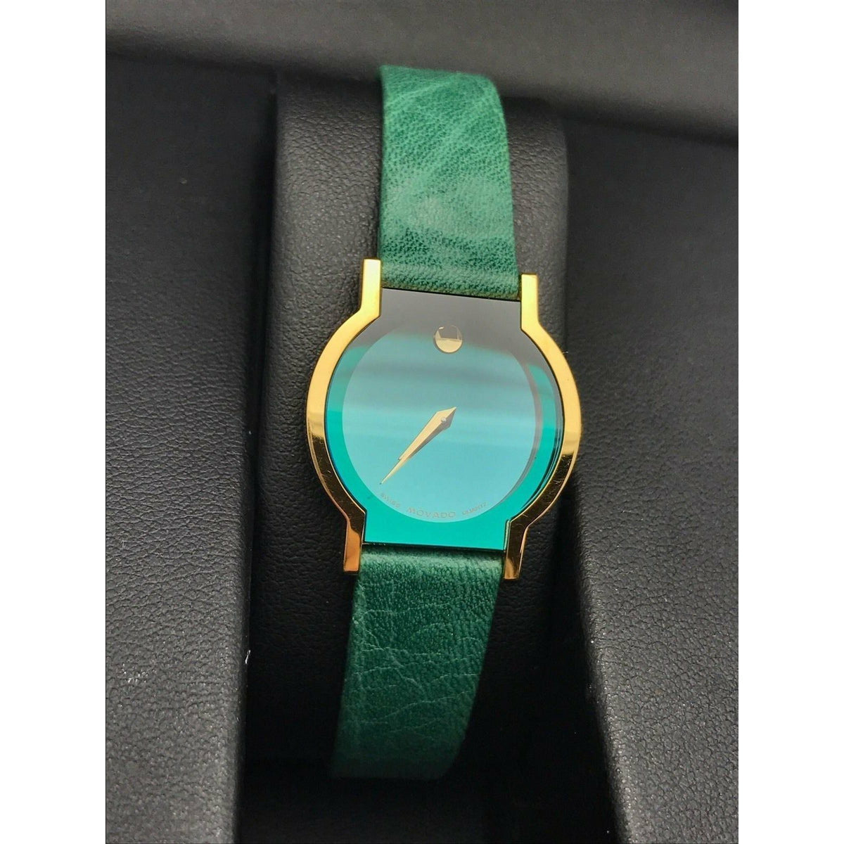 Movado Limited Edition Ladies Gold Tone Museum Sapphire Green Dial Leather Strap Watch 0603191