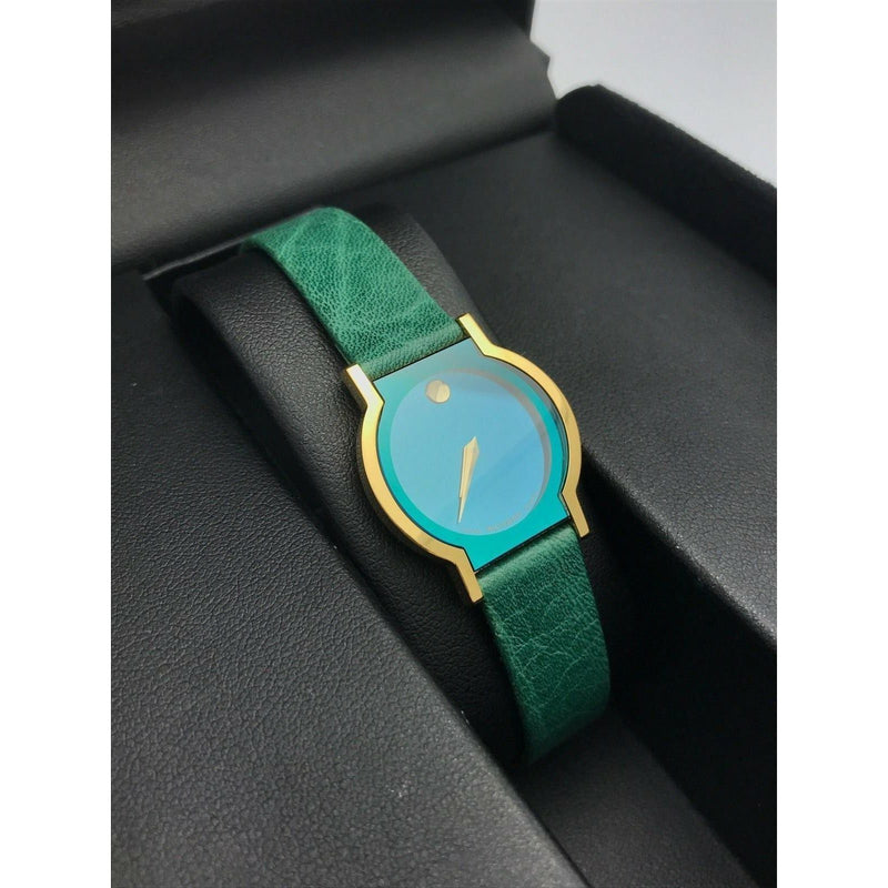 Movado Limited Edition Ladies Gold Tone Museum Sapphire Green Dial Leather Strap Watch 0603191