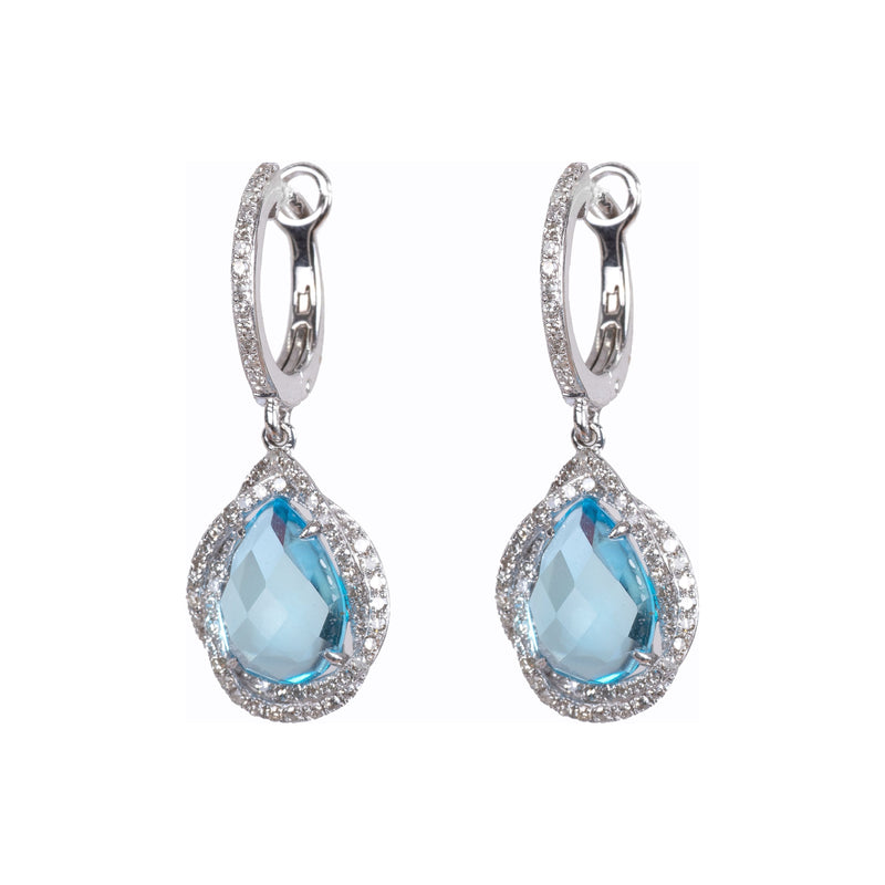 14k White Gold Ladies Pear Blue Topaz & Diamond Dangle Earrings WEBTD