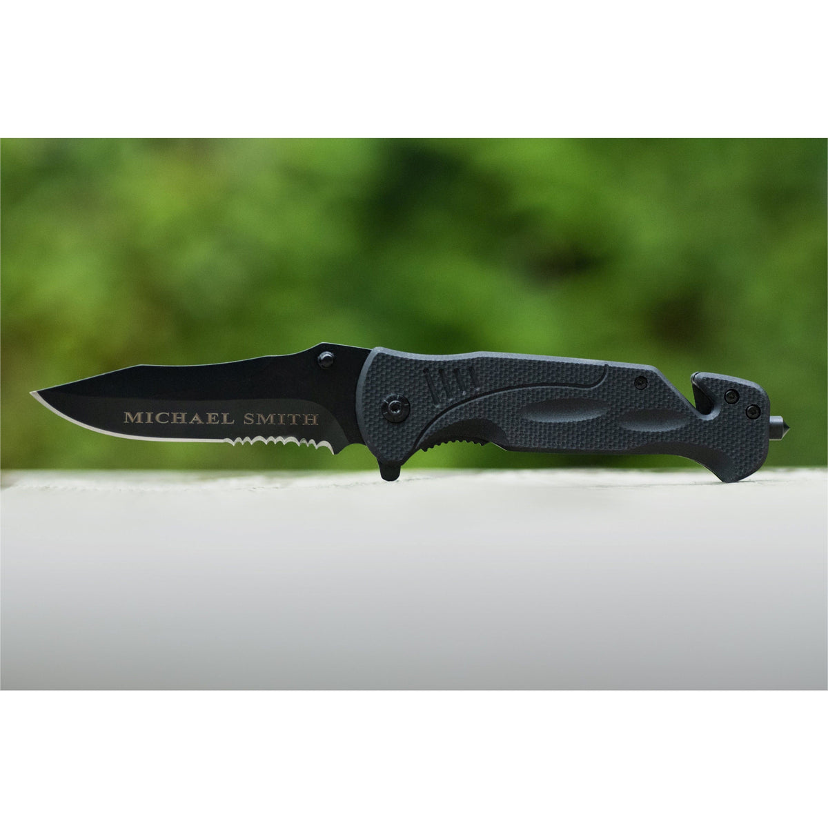 Tactical Stainless Steel Knife, Engraved & Personalized , Seat Belt Cutter, Window Breaker, Saw Blade, Survival Knife TBLKNIFE