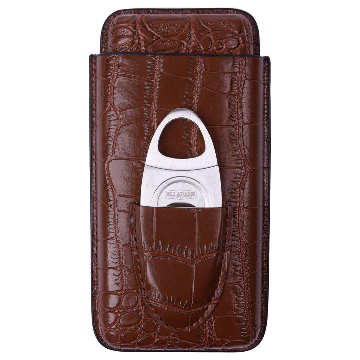 Brown Alligator Pattern Leather Cigar Carry Case for 3 Cigars