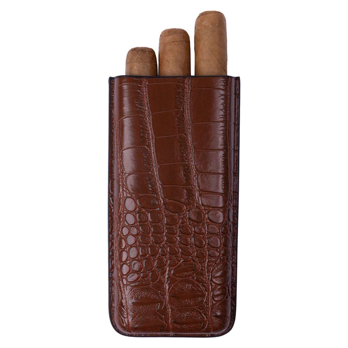 Brown Alligator Pattern Leather Cigar Carry Case for 3 Cigars