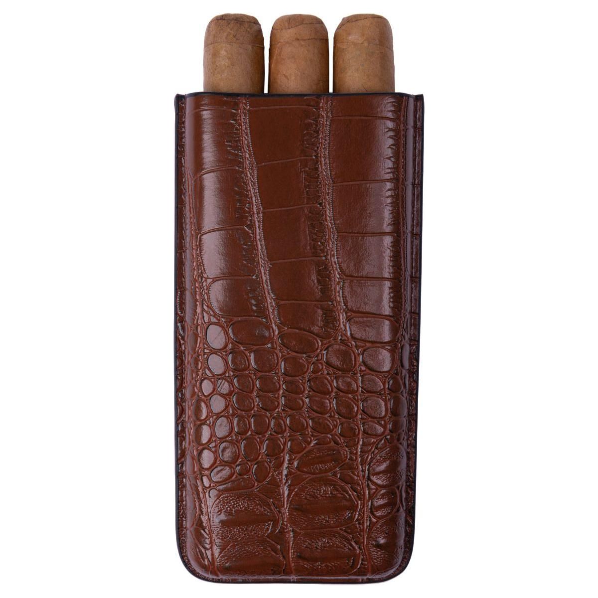 Brown Alligator Pattern Leather Cigar Carry Case for 3 Cigars