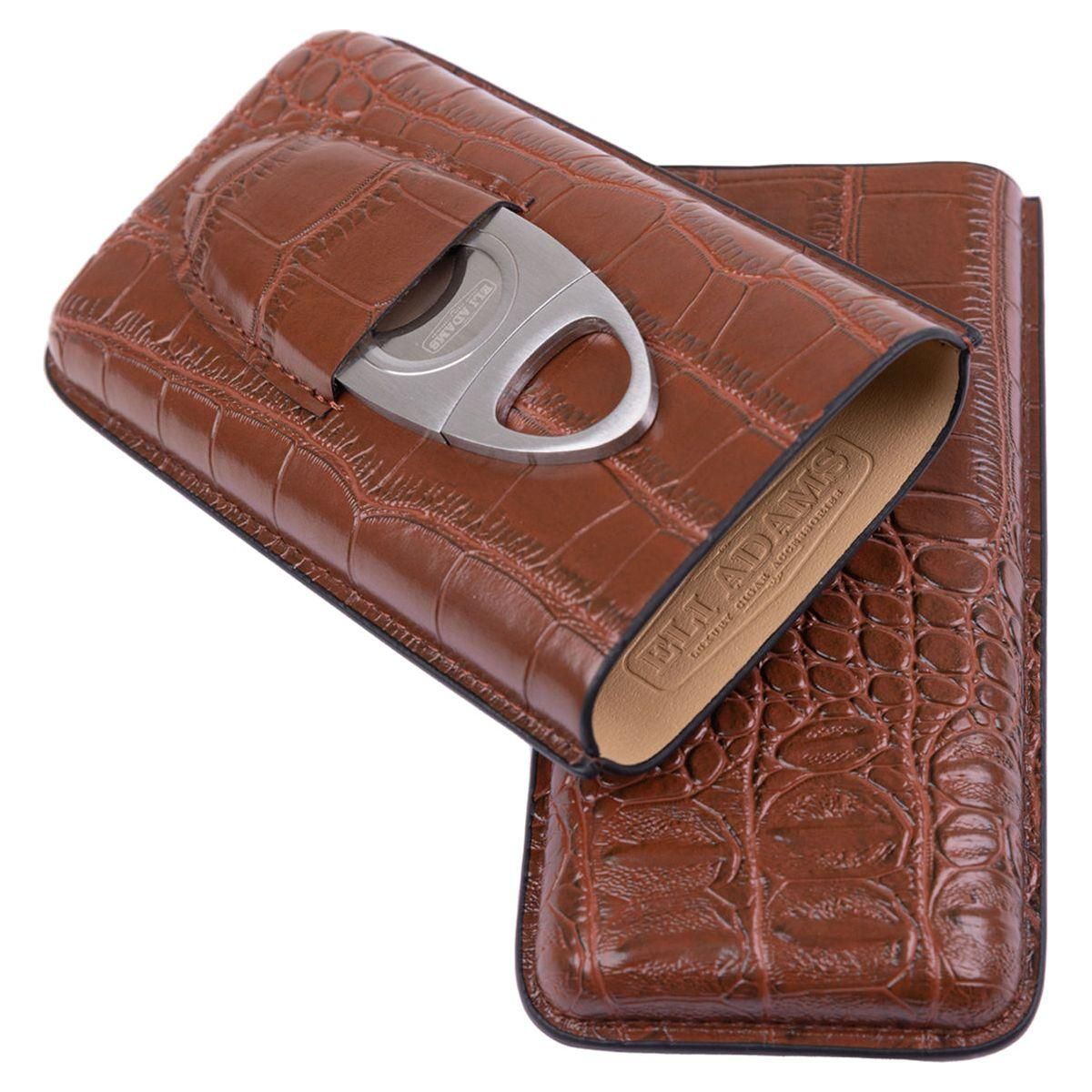 Brown Alligator Pattern Leather Cigar Carry Case for 3 Cigars