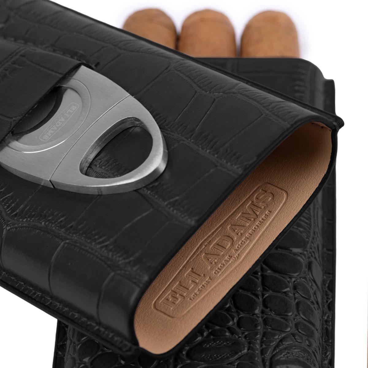 Black Alligator Pattern Leather Cigar Carry Case for 3 Cigars