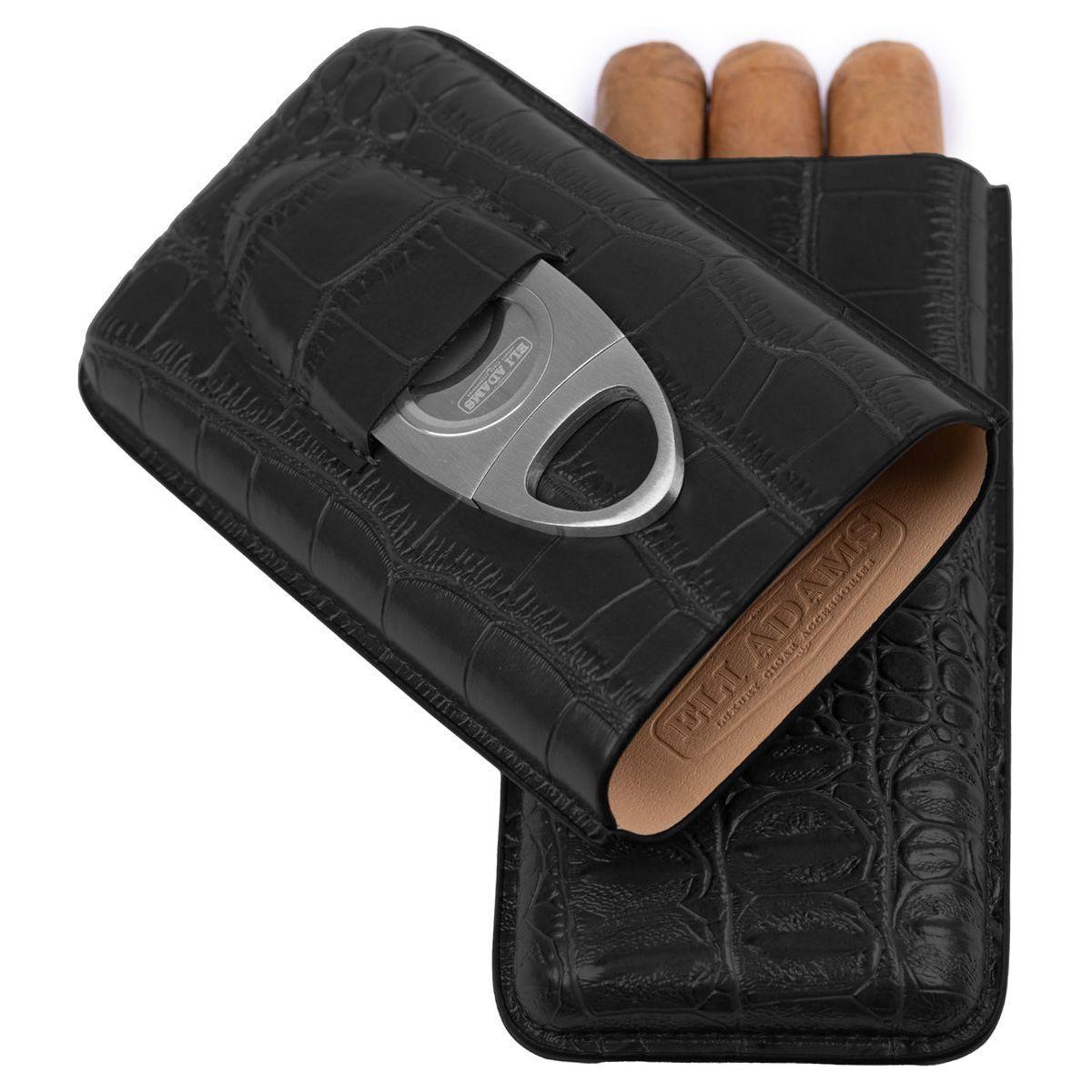 Black Alligator Pattern Leather Cigar Carry Case for 3 Cigars