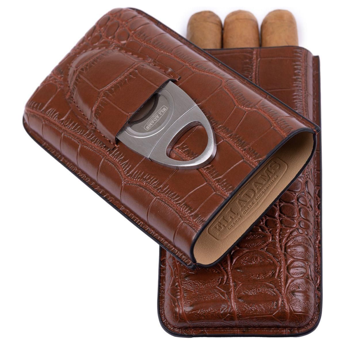 Brown Alligator Pattern Leather Cigar Carry Case for 3 Cigars