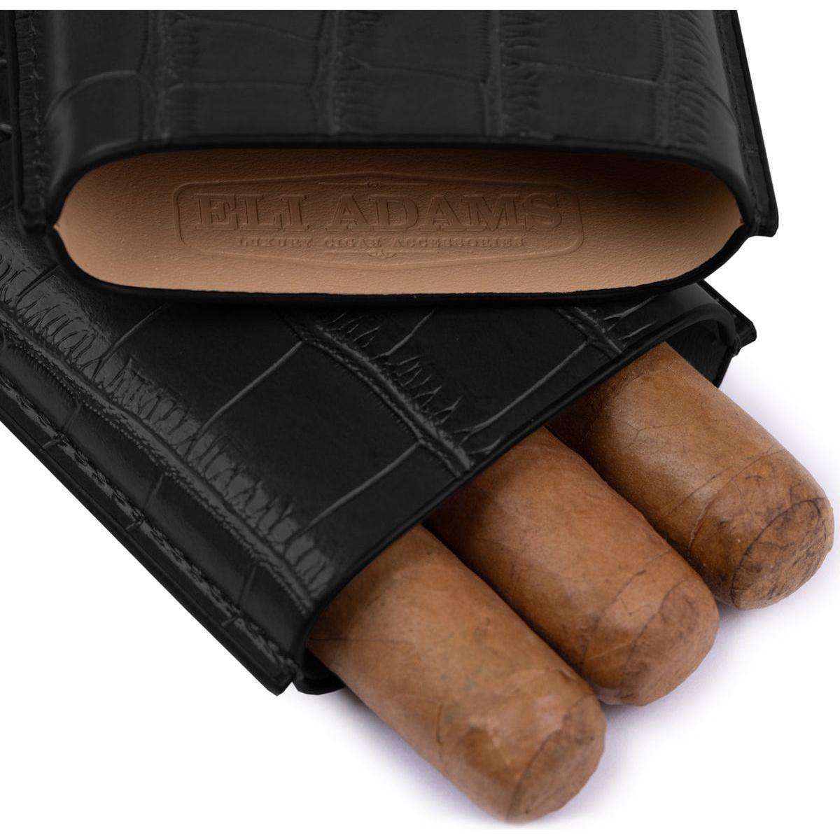 Black Alligator Pattern Leather Cigar Carry Case for 3 Cigars