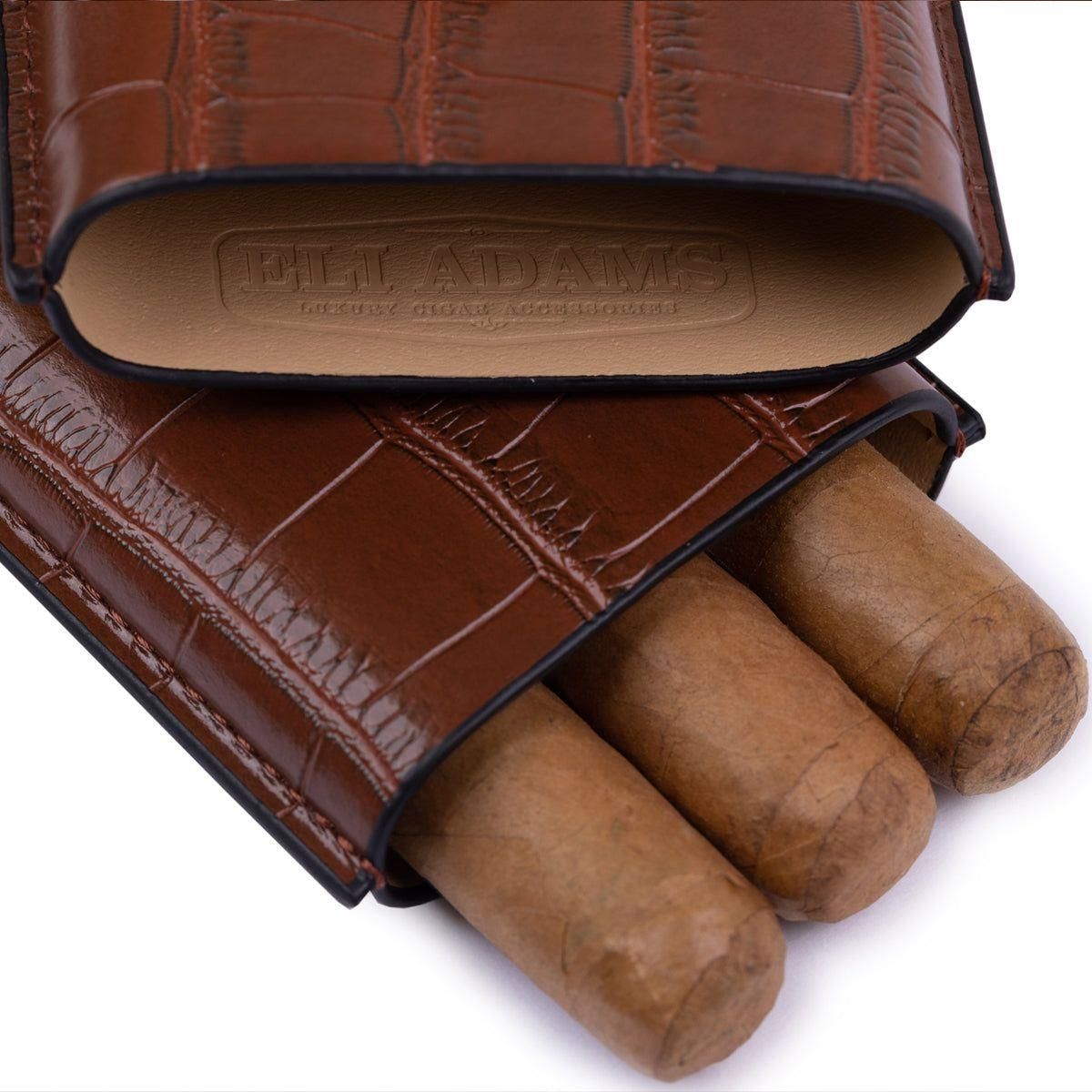 Brown Alligator Pattern Leather Cigar Carry Case for 3 Cigars