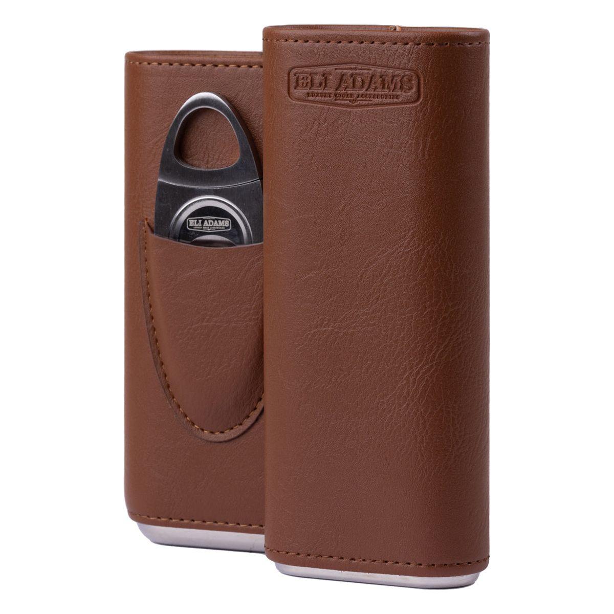 Brown Flat Pattern Leather Cigar Carry Case for 3 Cigars