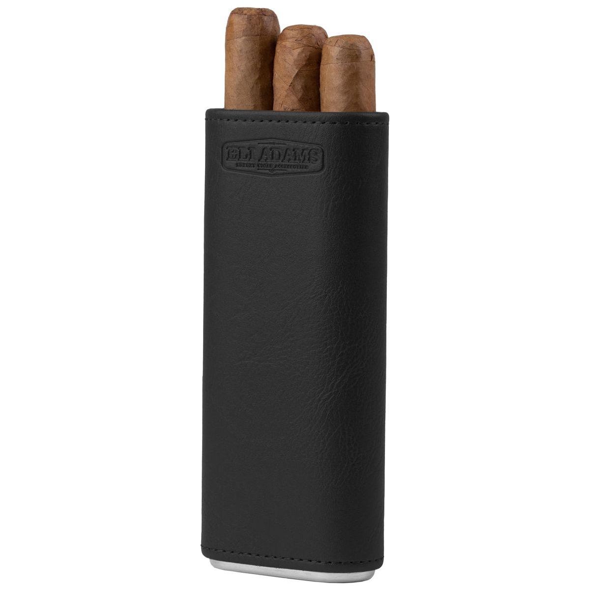 Black Flat Pattern Leather Cigar Carry Case for 3 Cigars