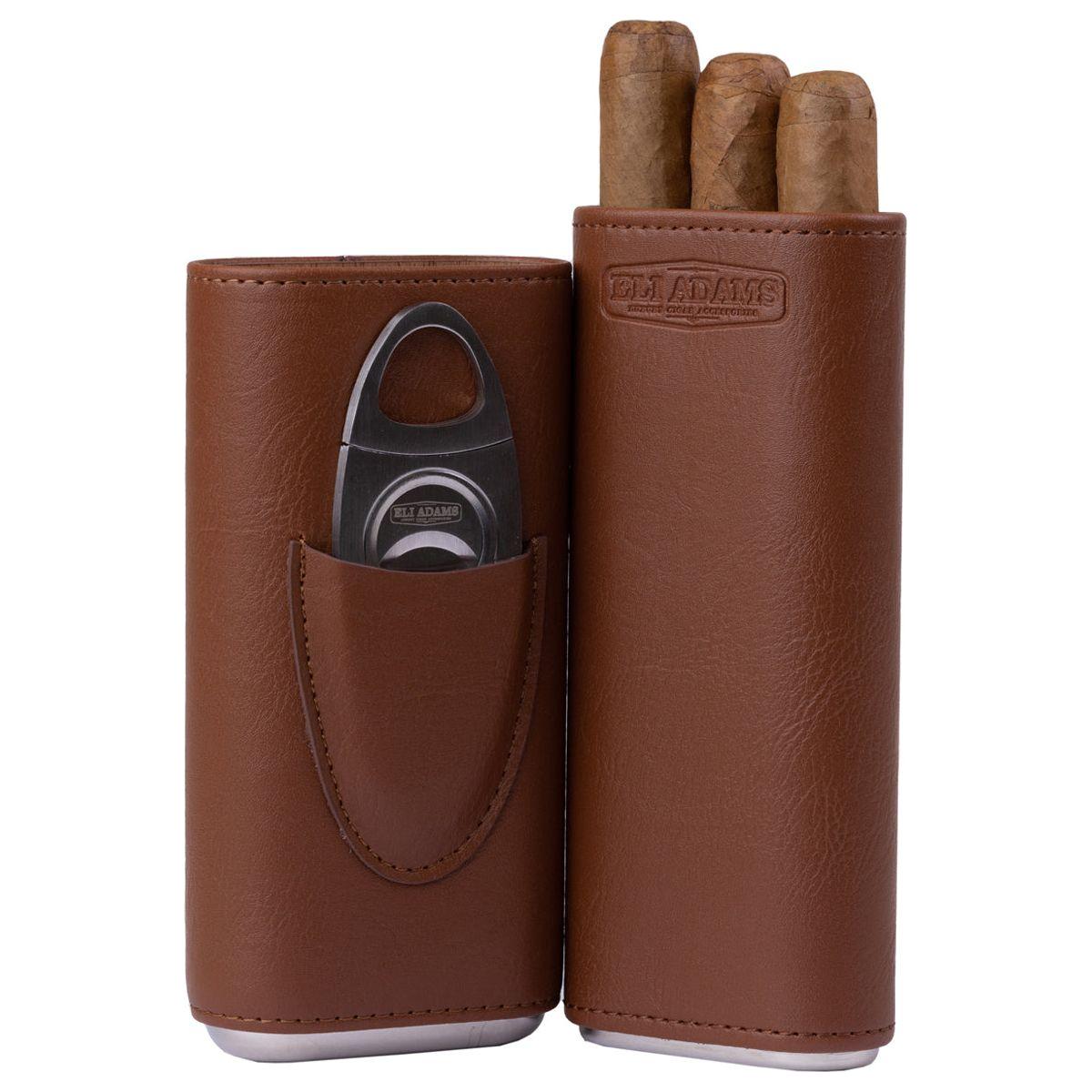 Brown Flat Pattern Leather Cigar Carry Case for 3 Cigars