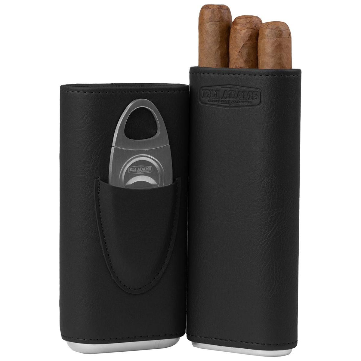 Black Flat Pattern Leather Cigar Carry Case for 3 Cigars